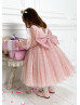 Long Sleeves Gold Star Tulle Pearl Beaded Flower Girl Dress